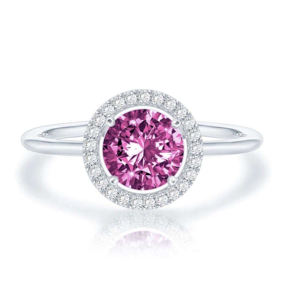 Dainty Amethyst Halo 14k White Gold February Birthstone Ring - Picture 9 of 11